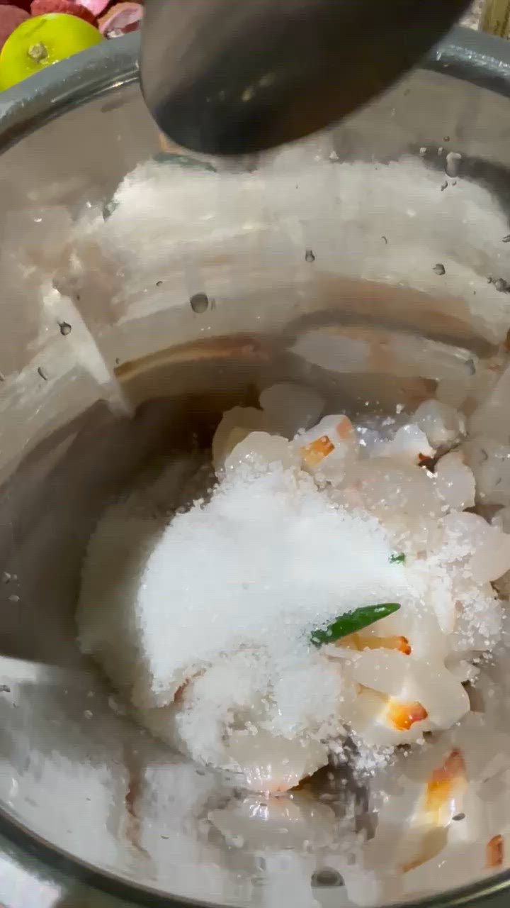 A picture of step 2 of Lichu Lonka Sherbet (Lychee Mirchi Sherbet).