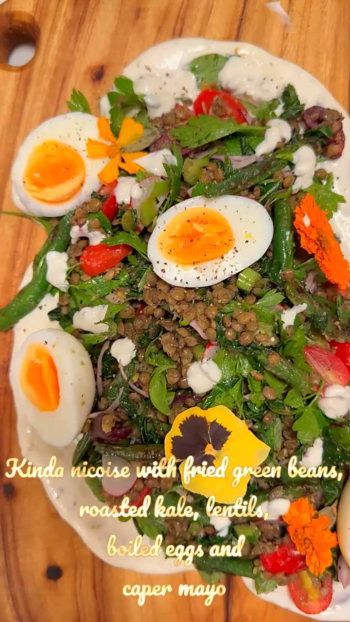 A picture of step 8 of Kinda Nicoise with Fried Green Beans, Roasted Kale, Lentils, Boiled Eggs and Caper Mayo.